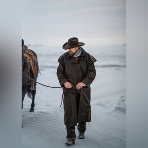 Outback Trading Co Bush Trader Waxed Oilskin Black Duster Coat Jacket L $300